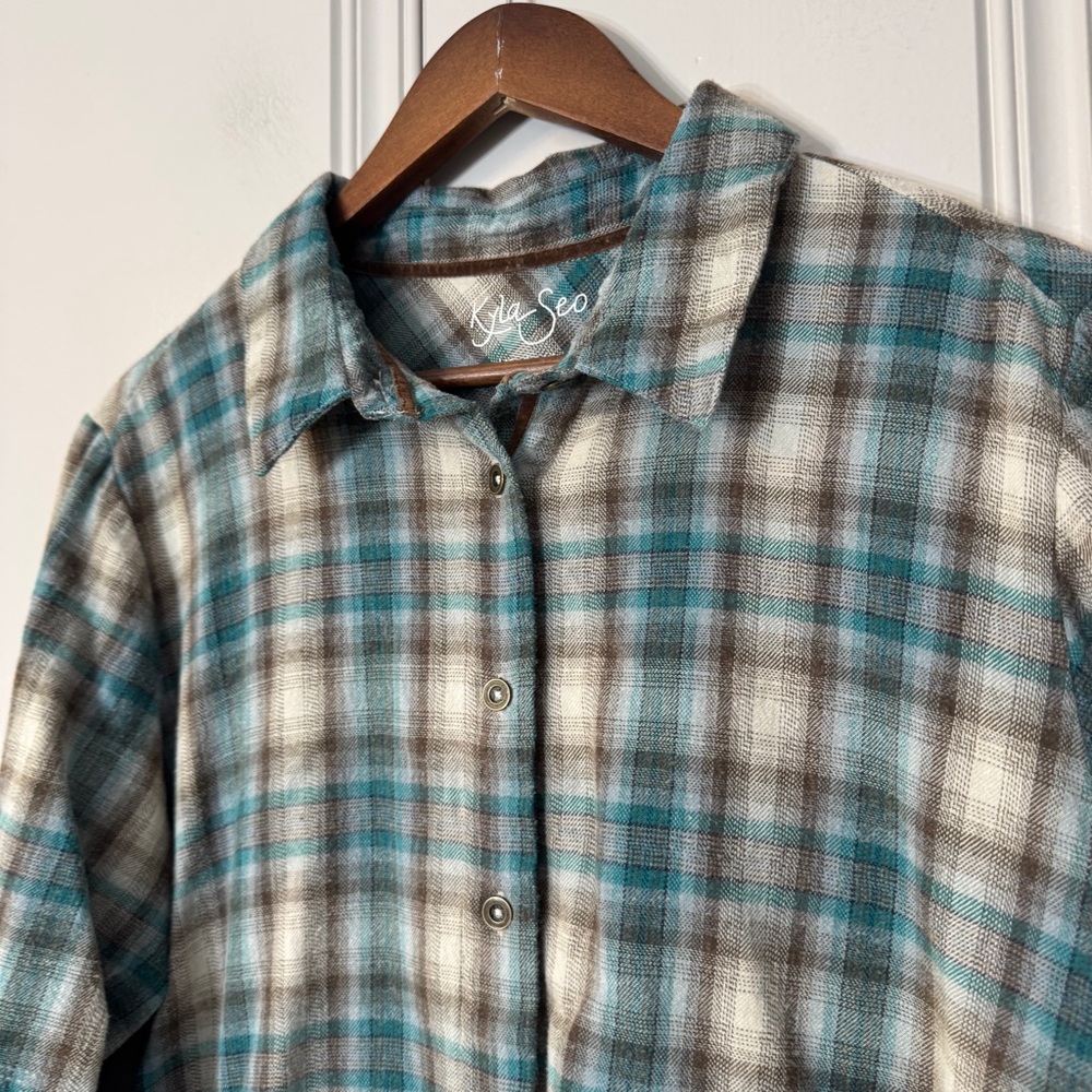 Kyla Seo Plaid Velvet Embroidered Back Button Up Tunic Top Boho Size XXL - Picture 3 of 14